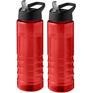 Sport bidon Hi-eco gerecycled kunststof - 2x - drinkfles/waterfles - rood/zwart - 750 ml