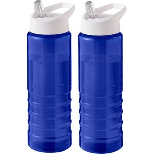 Sport bidon Hi-eco gerecycled kunststof - 2x - drinkfles/waterfles - blauw/wit - 750 m