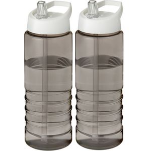 Sport bidon Hi-eco gerecycled kunststof - 2x - drinkfles/waterfles - donkergrijs/wit - 750 ml