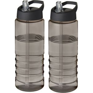 Sport bidon Hi-eco gerecycled kunststof - 2x - drinkfles/waterfles - donkergrijs/zwart - 750 ml