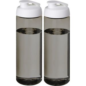 Sport bidon Hi-eco gerecycled kunststof - 2x - drinkfles/waterfles - donkergrijs/wit - 850 ml