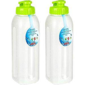 PlasticForte Waterfles/bidon - 2x - 1000 ml - transparant/groen - kunststof