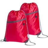 Stuks sport gymtas/rugtas - 2x - rood - 34 x 44 cm - polyester - met rijgkoord en voorvakje