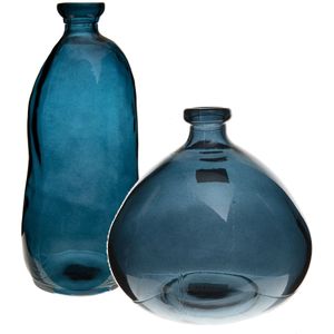 Atmosphera bloemenvazen set - 2x - Organische fles vorm - blauw transparant glas