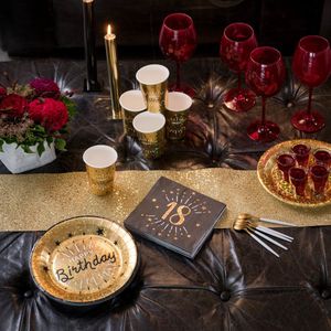 Feest Tafelkleed met Glitter Tafelloper Op Rol - Zwart/Goud - 10 Meter