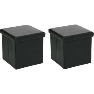 Atmosphera Poef/Hocker/voetenbankje - 2x - opbergbox - zwart - pvc/mdf - 38 x 38 cm - opvouwbaar