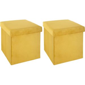 Atmosphera Poef/hocker/voetenbankje - 2x - opbergbox - geel - PU/MDF - 38 x 38 x 38 cm - opvouwbaar