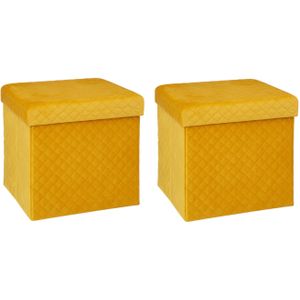 Atmosphera Poef/hocker/voetenbankje - 2x - opbergbox - fluweel geel - PU/MDF - 31 x 31 x 31 cm - opvouwbaar