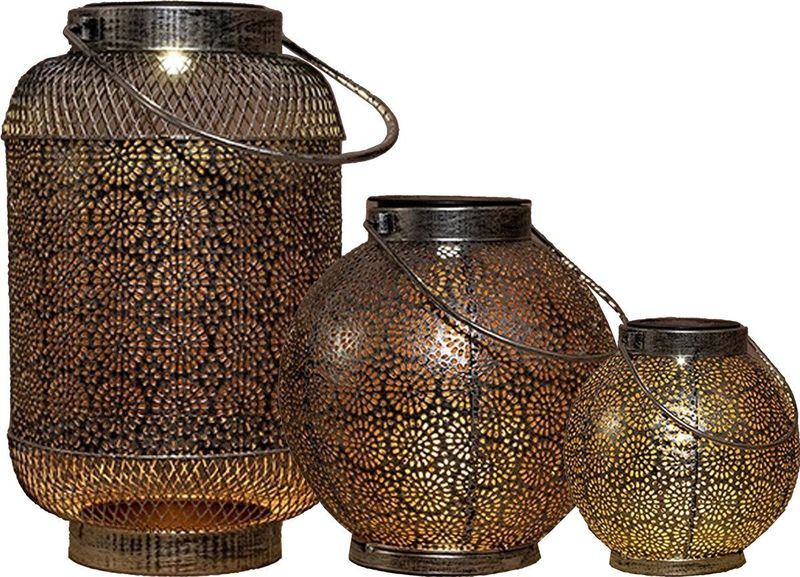 Solar lantaarn set - 3-delig - antiek - zilver - metaal - 16 x 14 / 19 x 18 / 16 x 26 cm