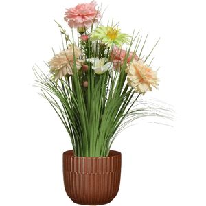 Kunstbloemen boeket roze - in pot bruin - keramiek - H40 cm