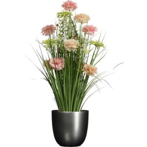 Kunstbloemen boeket roze - in pot antraciet grijs - keramiek - H70 cm