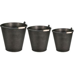 Emmer/plantenpot/bloempot - set van 3x stuks - zink - zwart