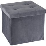 H&S Collection Poef/hocker/krukje - opbergbox - donkergrijs - fluweel polyester - 38 x 38 cm