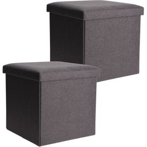 H&S Collection Poef/Hocker/voetenbankje - 2x - opbergbox - grijs - polyester - 38 x 38 cm - opvouwbaar