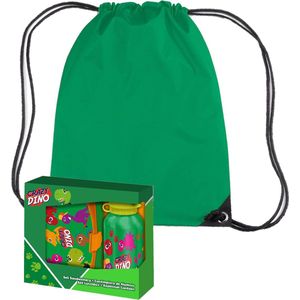 Crazy Dino lunchbox set voor kinderen - 3-delig - groen - kunststof - incl. gymtas/schooltas