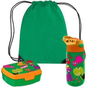 Crazy Dino lunchbox set voor kinderen - 3-delig - groen - kunststof - incl. gymtas/schooltas