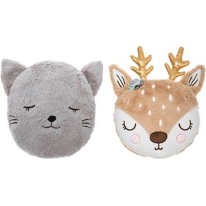 Dieren sierkussen set kinderkamer - kat/poes en hert - 27/31 cm - polyester