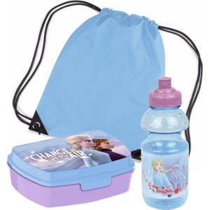 Disney Frozen lunchbox set voor kinderen - 3-delig - blauw/lila - incl. gymtas/schooltas