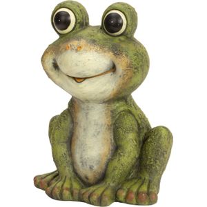 Tuinbeeld kikker zittend - kunststeen - H33 cm - groen - Lachende buiten kikker