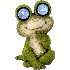 Tuinbeeld dier kikker zittend - kunststeen - H35 cm - groen - Solar light ogen