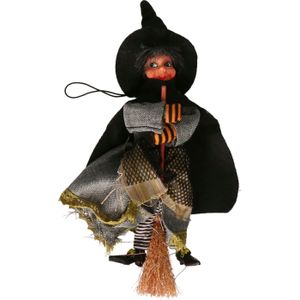 Halloween horror decoratie heksen pop op bezem - 20 cm - zwart/grijs - Versiering/feestartikelen