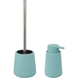 5Five WC-/toiletborstel in houder - ijsblauw - polyresin - met zeeppompje 300 ml