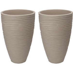 Pro Garden Plantenpot/bloempot Dunes - 2x - Tuin - stevig kunststof - zand/beige - D40 x H60 cm - Voor buiten
