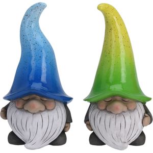 Pro Garden Tuinkabouters beeldjes - set 2x - Grumpy - Polystone - blauw en groen - 32 cm