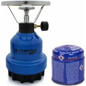 Camping kookstel - metaal - blauw - incl. gas navulling priktank - 190 gram