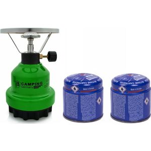 Camping Kookstel - Metaal - Groen - Incl. 2x Gas Navulling Priktank - 190 Gram