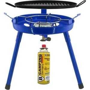 Camping gasgrill/grillplaat 3-in-1 - blauw - incl. gas navulling 227 gram