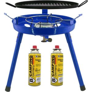 Camping gasgrill/grillplaat 3-in-1 - blauw - incl. 2x gas navulling 227 gram