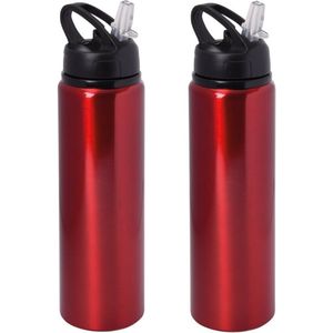Waterfles/sportfles/drinkfles Sporty - 2x - metallic rood - aluminium/kunststof - 800 ml - Drinkflessen