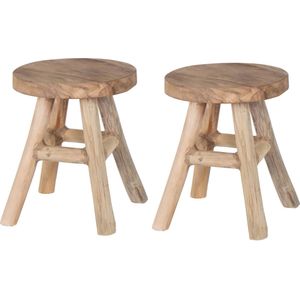 Zit krukje/bijzet stoel - 2x - teak hout - lichtbruin - D20 x H25 cm - Voor kinderen