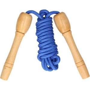 Kids Fun Springtouw speelgoed met houten handvat - blauw - 240 cm - buitenspeelgoed