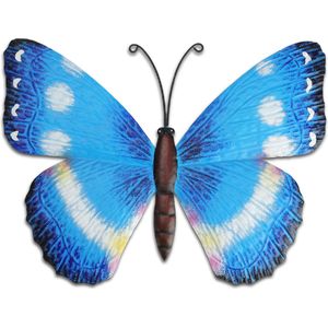 Pro Garden tuin wanddecoratie vlinder - metaal - blauw - 31 x 23 cm - muurvlinders