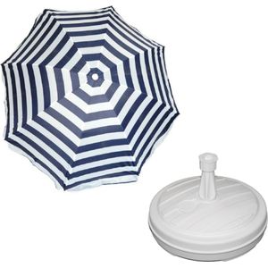Parasol - Blauw/wit - D140 cm - incl. draagtas - parasolvoet - 42 cm