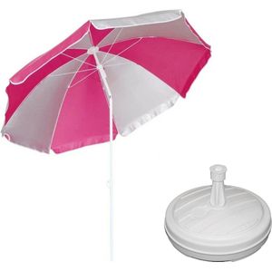 Parasol - Roze/wit - D120 cm - incl. draagtas - parasolvoet - 42 cm