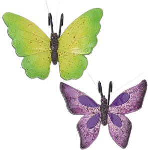 Tuindecoratie bloempothanger vlinder - set 2x - paars/groen - kunststeen - 13 x 10 cm