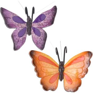 Tuindecoratie bloempothanger vlinder - set 2x - paars/oranjerood - kunststeen - 13 x 10 cm