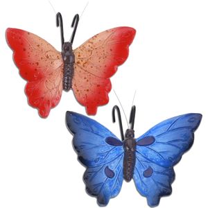 Tuindecoratie bloempothanger vlinder - set 2x - blauw/rood - kunststeen - 13 x 10 cm