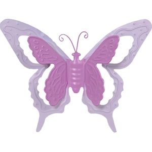 Mega Collections tuin/schutting decoratie vlinder - metaal - roze - 24 x 18 cm
