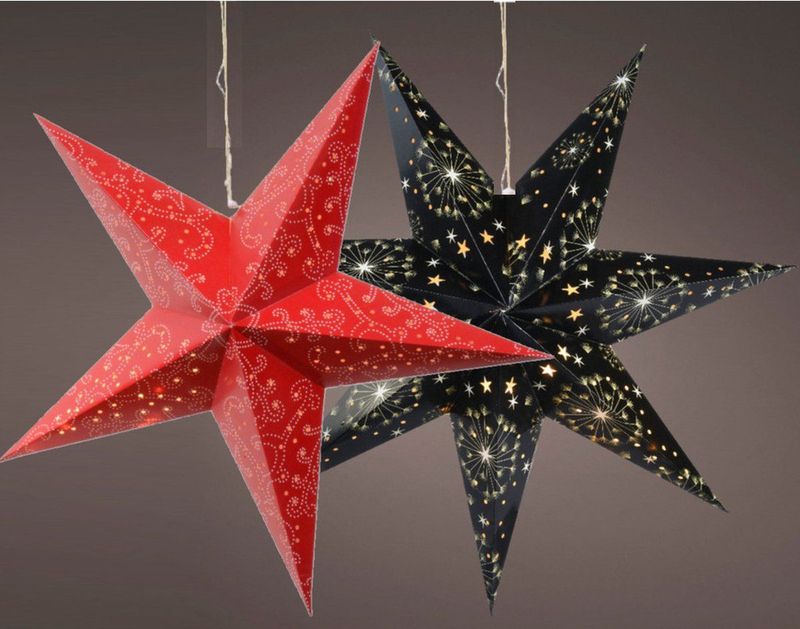 Verlichte kerststerren - 2x st - rood en zwart - 60 cm - papier - op batterijen