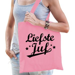 Bellatio Decorations Cadeau tas voor juf - liefste juf - roze - katoen - 42 x 38 cm - juffendag