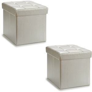 Giftdecor Poef Square BOX - 2x - hocker - opbergbox - zilvergrijs - polyester/mdf - 31 x 31 cm - opvouwbaar
