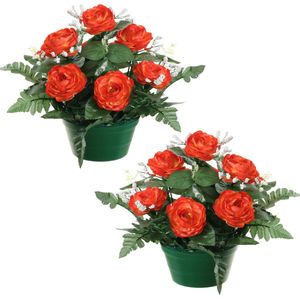 Louis Maes Kunstbloemen plantje in pot - 2x - rood - 25 cm - Bloemstuk ornament - rozen met bladgroen