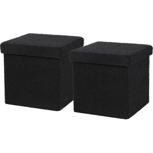 Urban Living Poef Square BOX - 2x - hocker - opbergbox - zwart - polyester/mdf - 38 x 38 cm - opvouwbaar