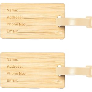 Kofferlabel van bamboe - 2x - beige - 9 x 5 cm - reiskoffer/handbagage labels