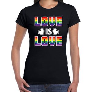 Bellatio Decorations Gay Pride t-shirt met tekst - dames - zwart - love is love - LHBTI LHBTIQ