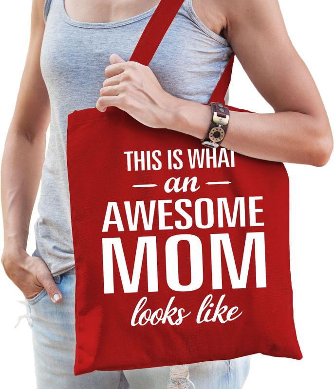 Moederdag cadeau tas - geweldige mama - rood - katoen - 42 x 38 cm - Feest Boodschappentassen